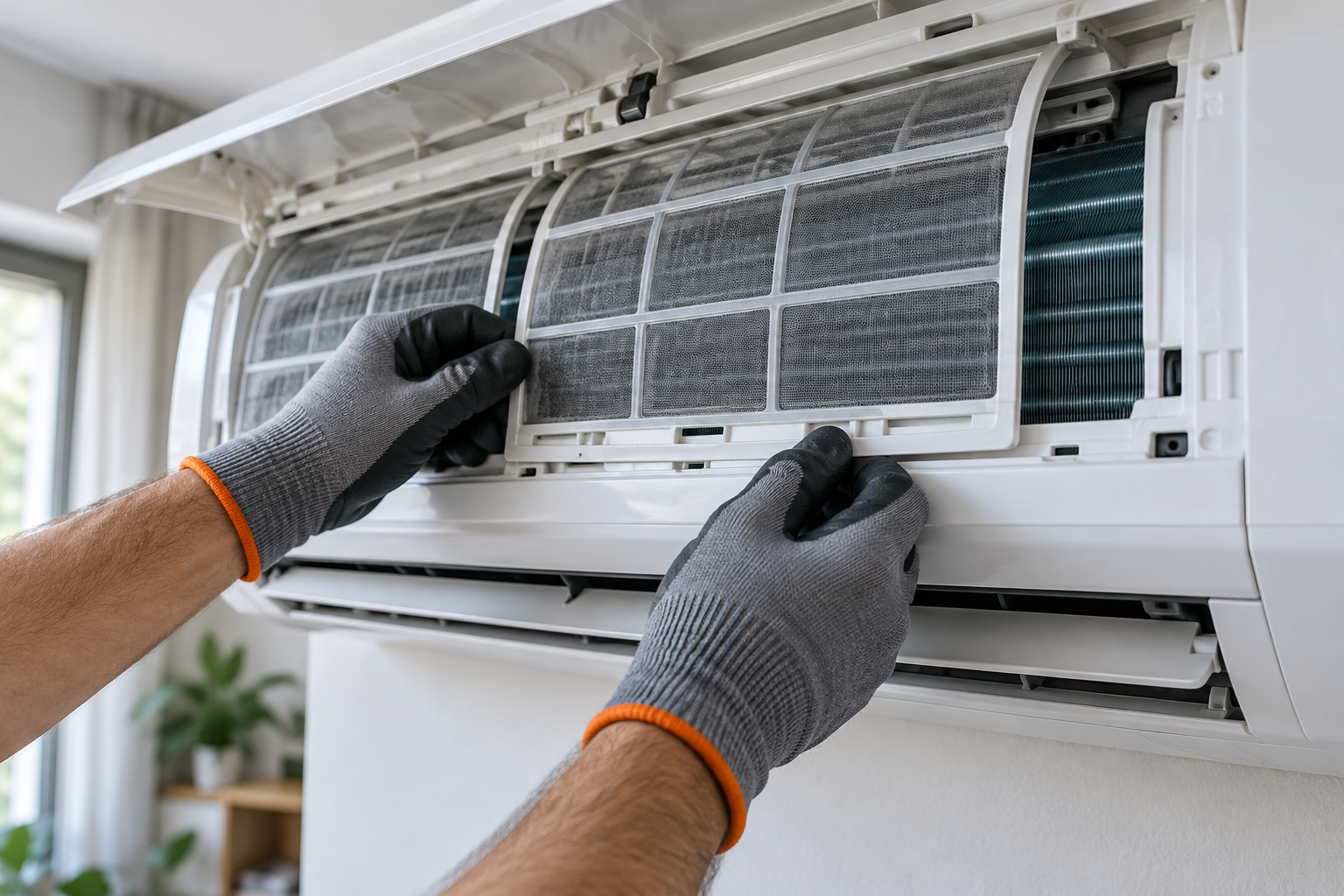 Detalle de manos trabajando en la unidad interior de un aire acondicionado